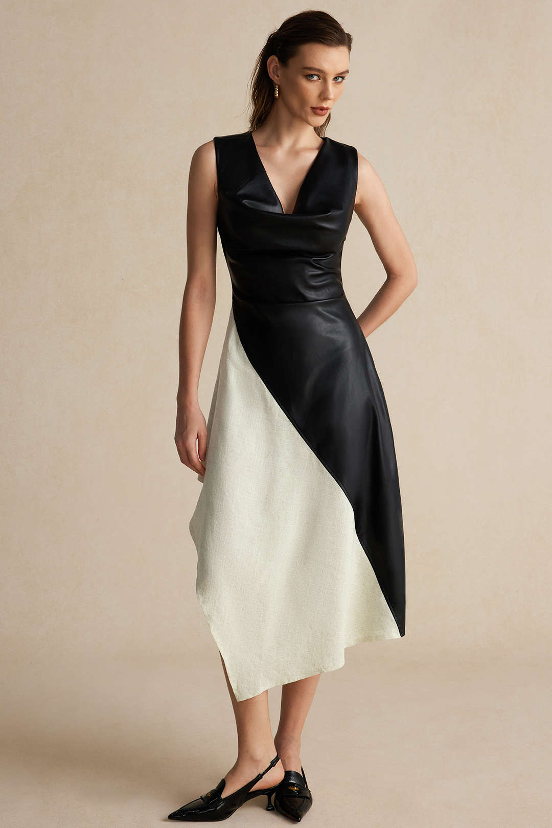 Color Block Draped Cowl Neck Asymmetrical Midi Dress