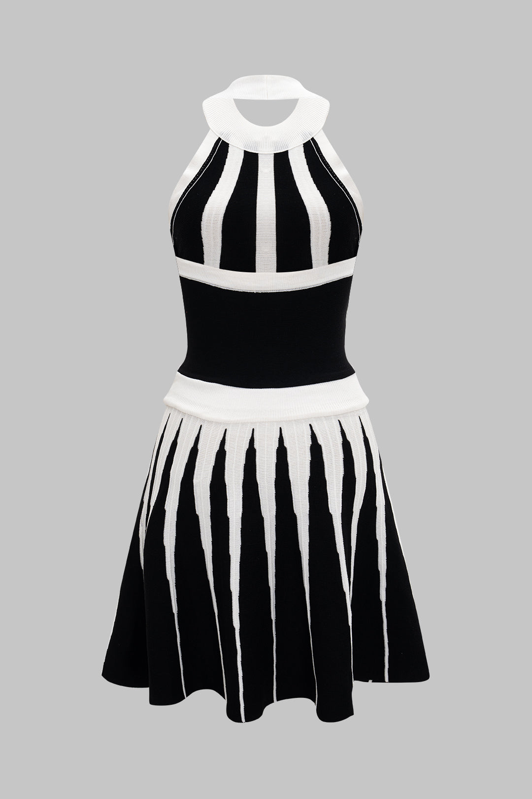 Knit Contrast Halter Neck Button Backless Sleeveless Dress