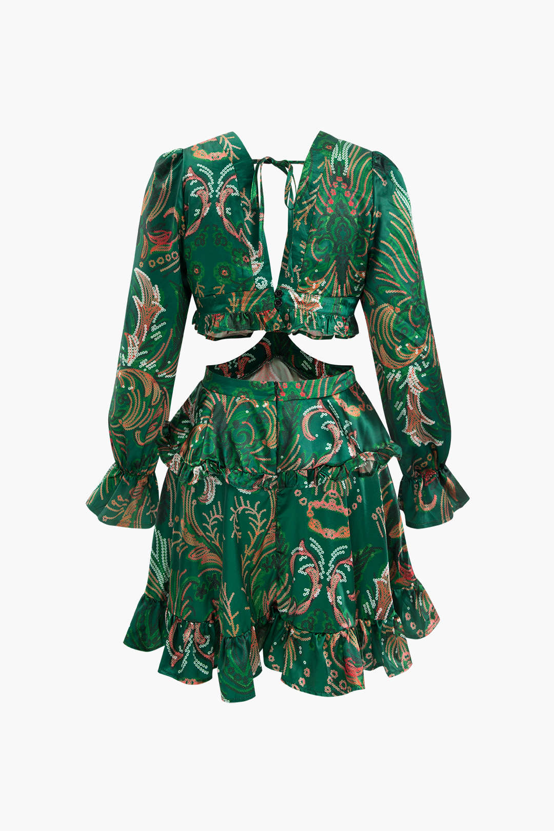 Printed V-neck Cut Out Ruffle Mini Dress
