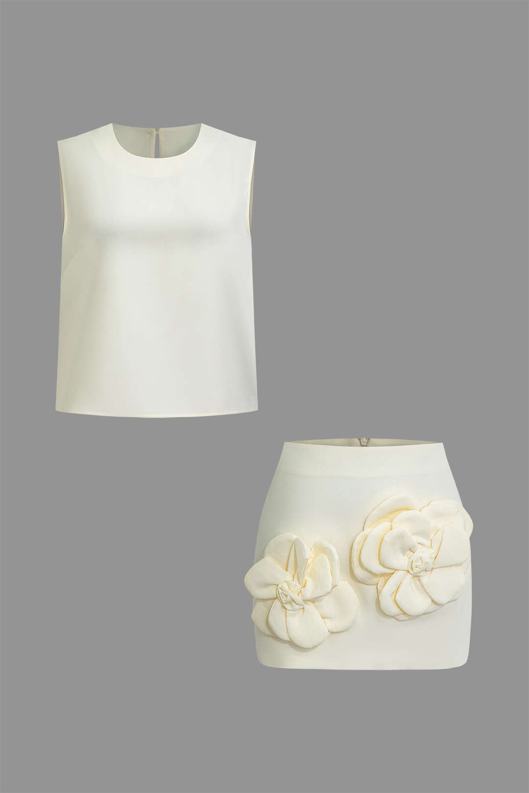 Solid Tank Top And 3D Floral Zipper Mini Skirt Set