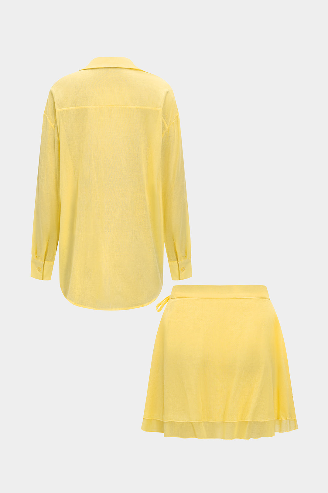 Solid Button Long-Sleeve Shirt And Tie-Up Skirt Set