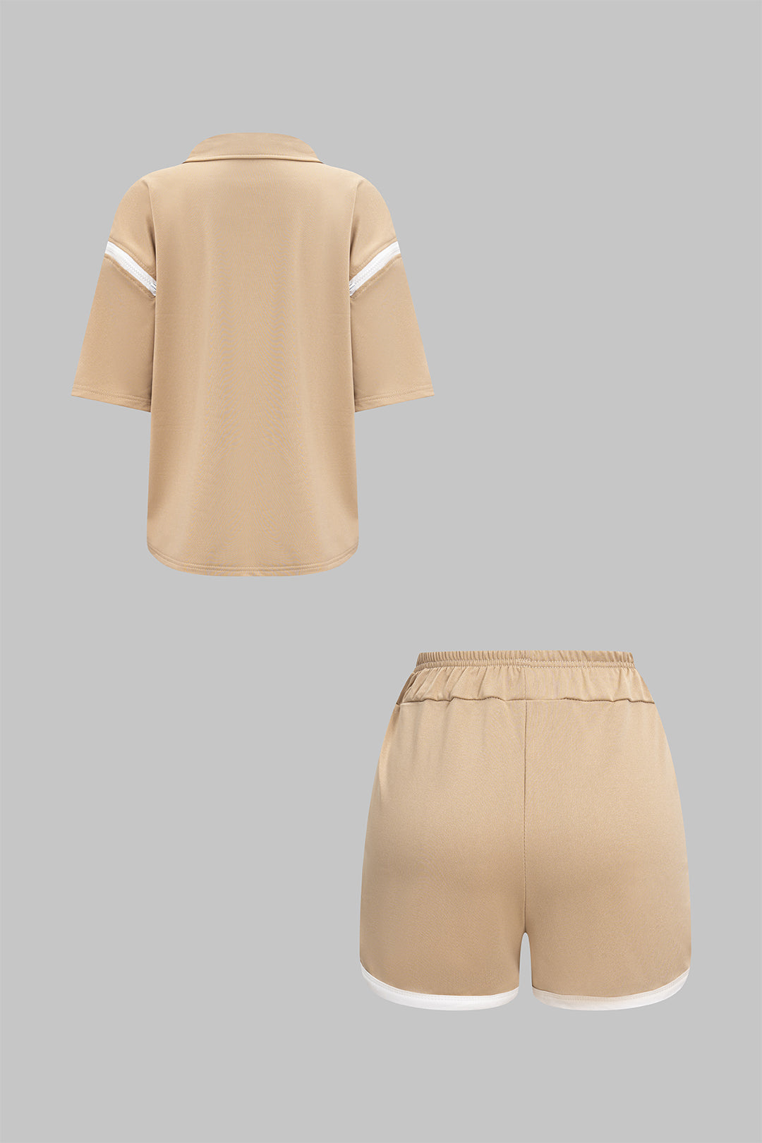 Contrast Zipper Short-Sleeve Shirt And Ruched Shorts Set