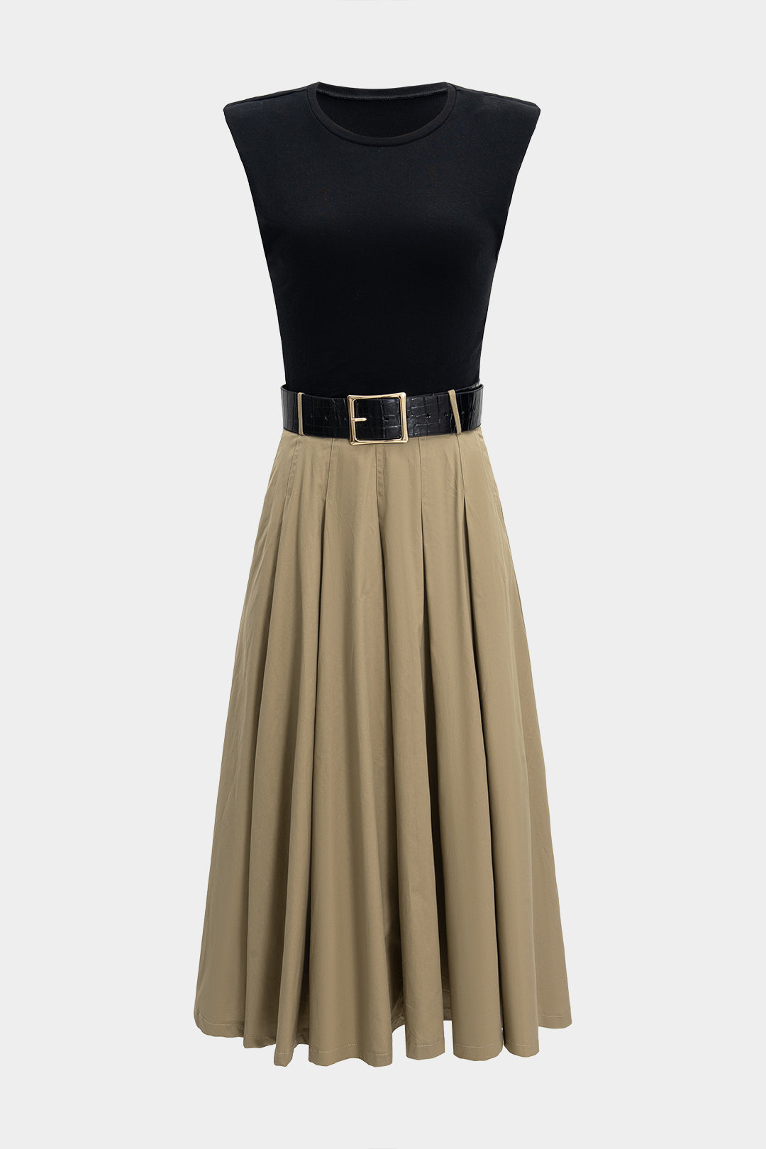 Contrast Patchwork Belted Sleeveless Midi Dress