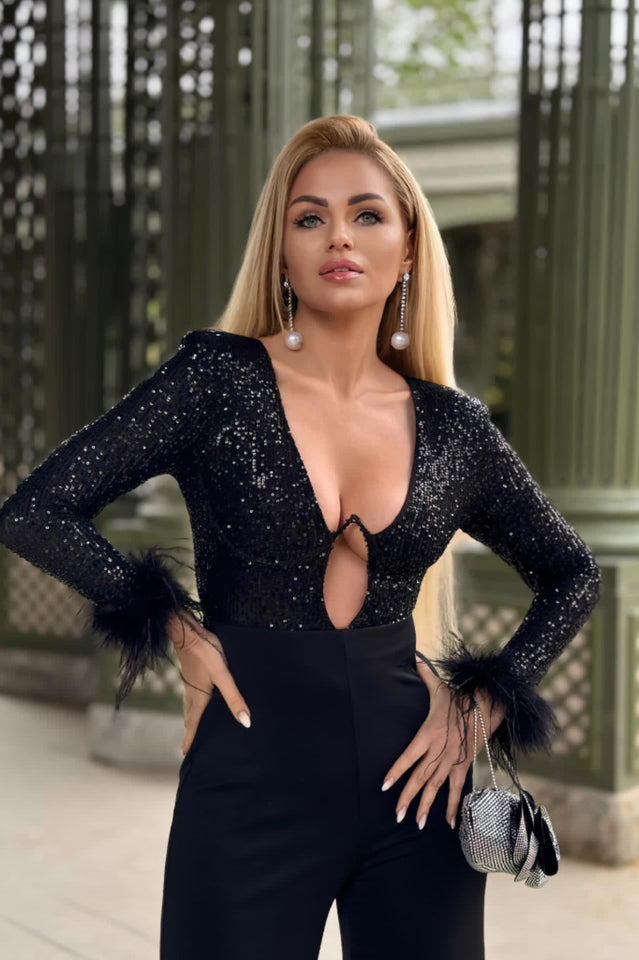 Sequin Feather-Trim Cuff Jumpsuit