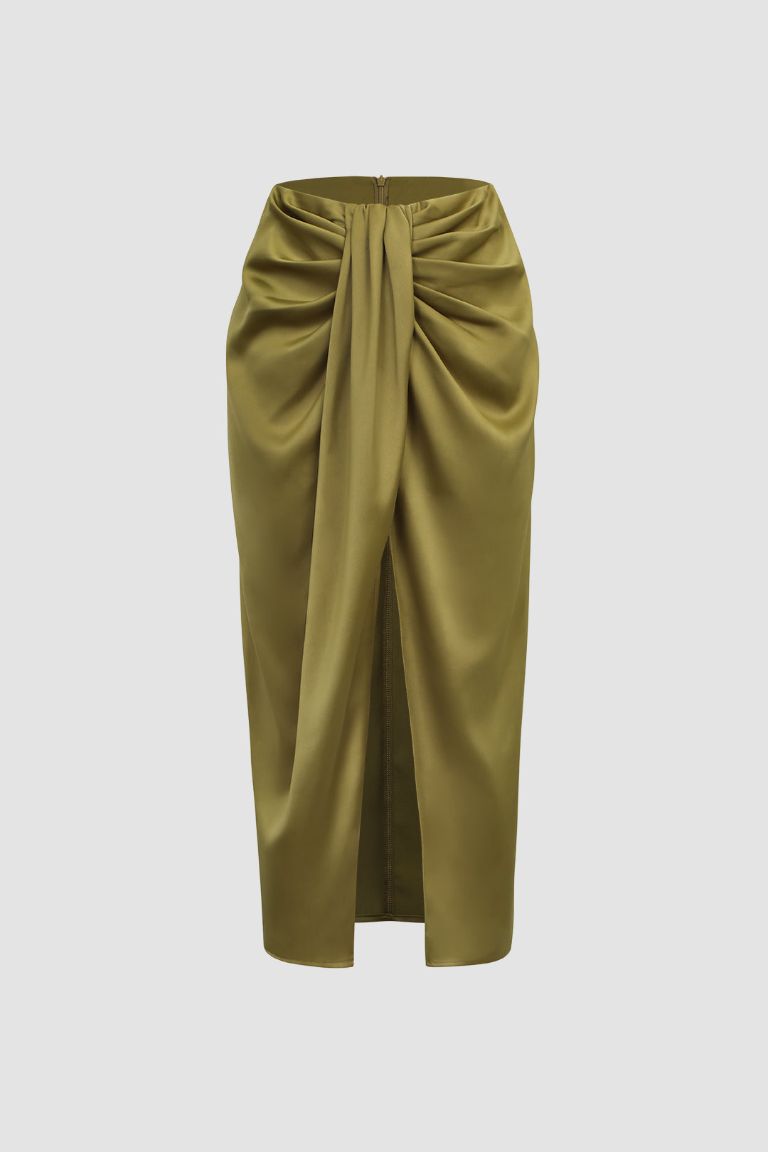 Satin Ruched Slit Midi Skirt
