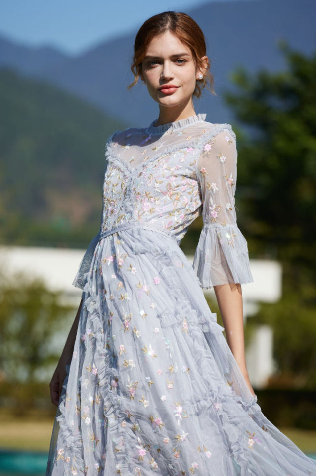 Embroidered Ruffles Elegant Long Dress