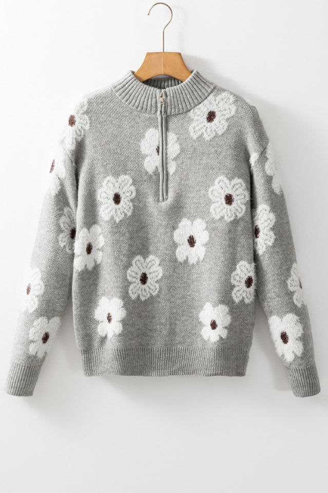 Floral Pattern Half Zip Sweater