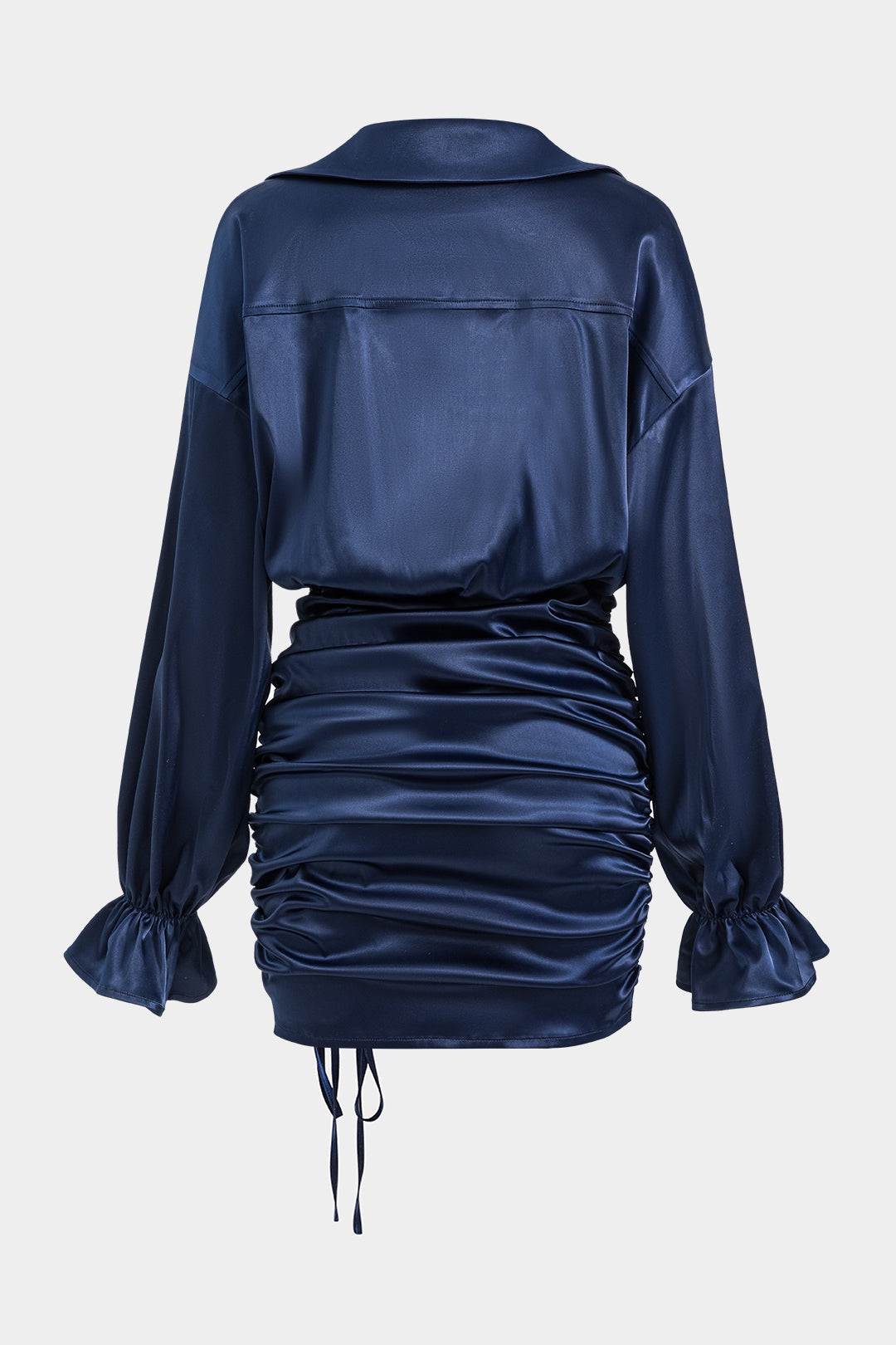 Satin Ruched Drawstring Pocket Long Sleeve Mini Dress