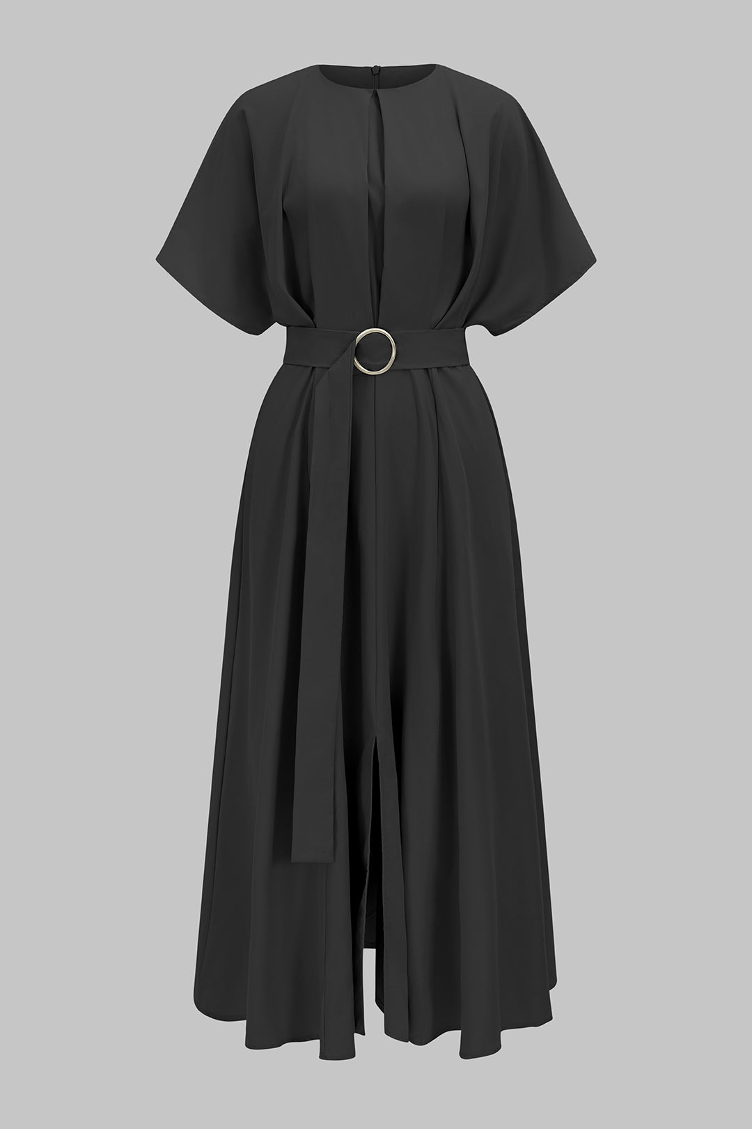 Round Neck Belted Ruched Short Sleeve Maxi Dress