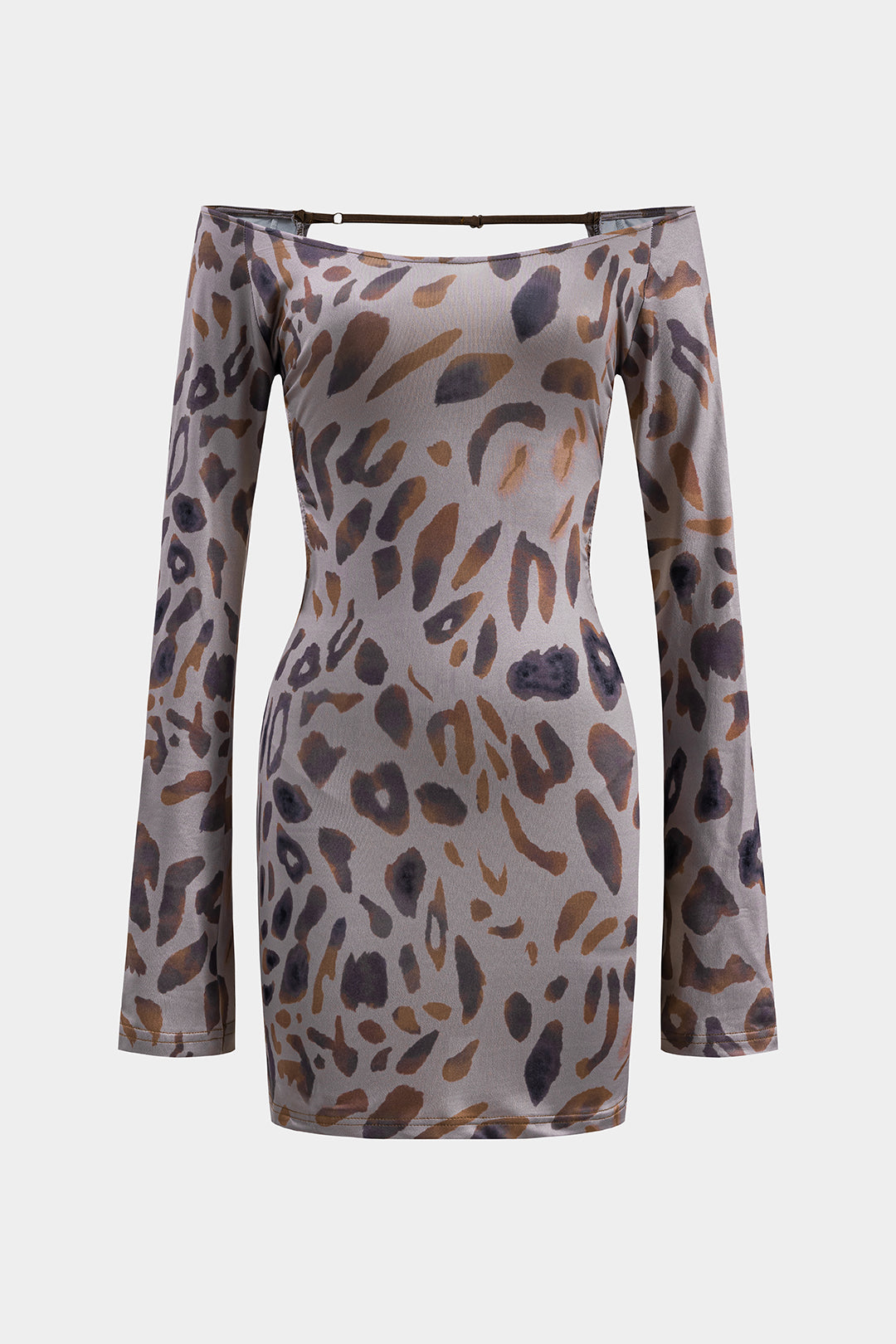 Leopard Print Backless Off Shoulder Long Sleeve Mini Dress