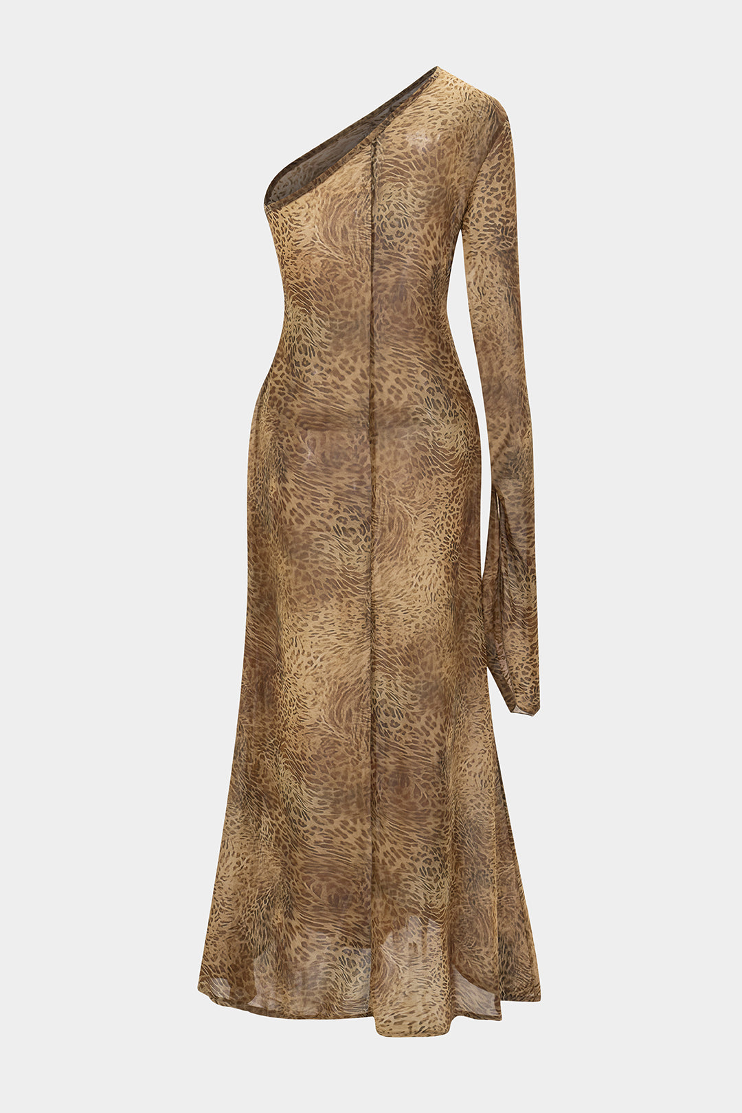 Leopard Print Chiffon One Shoulder Long-Sleeve Maxi Dress