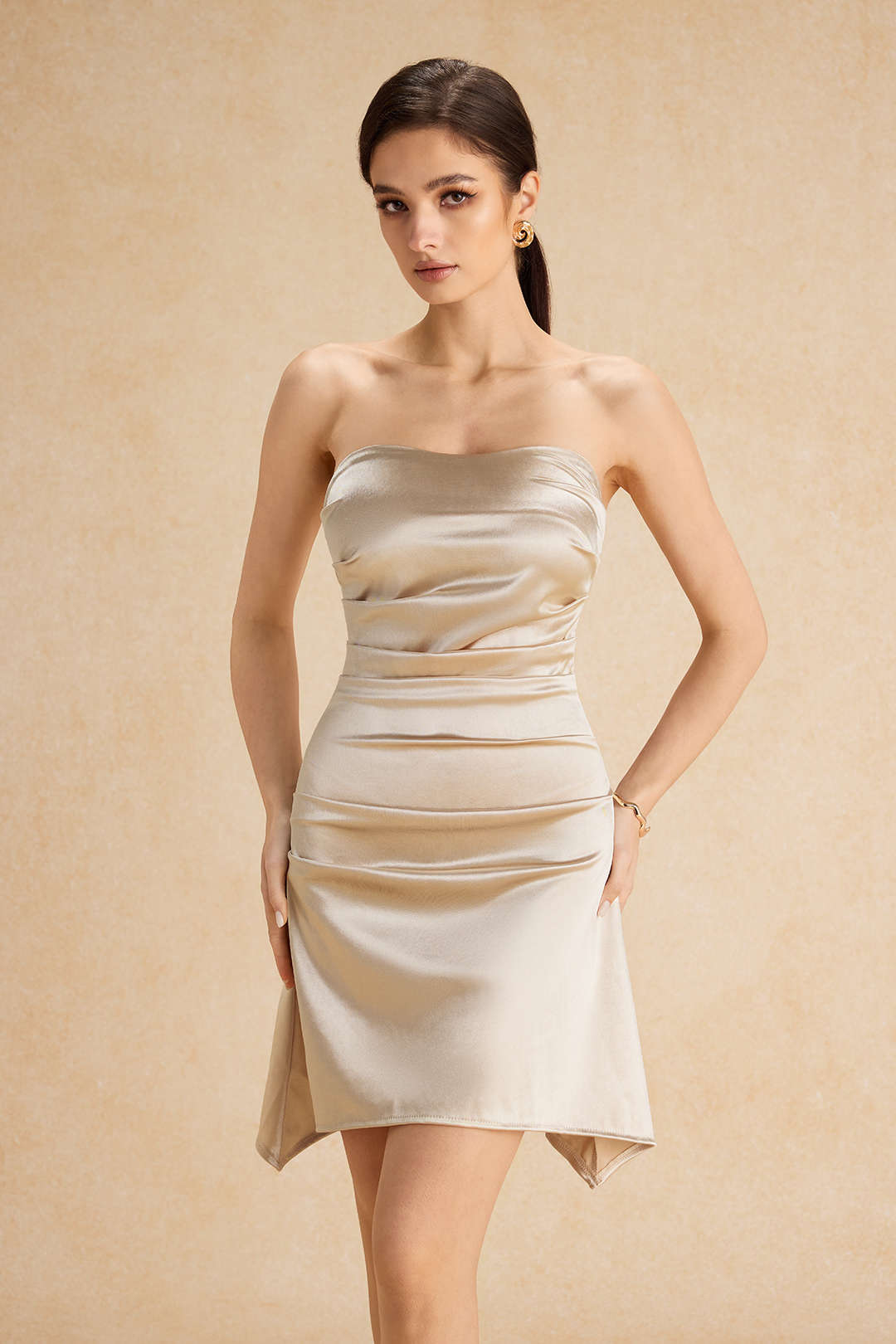 Solid Backless Strapless Ruched Mini Dress