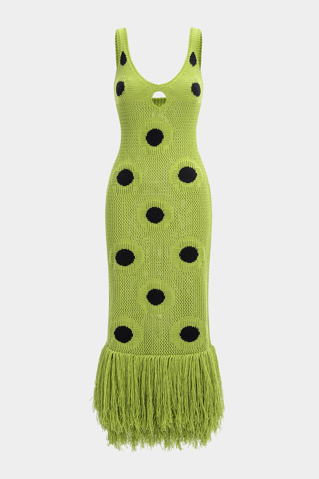 Knit Fringe V-Neck Hollow Out Sleeveless Dress