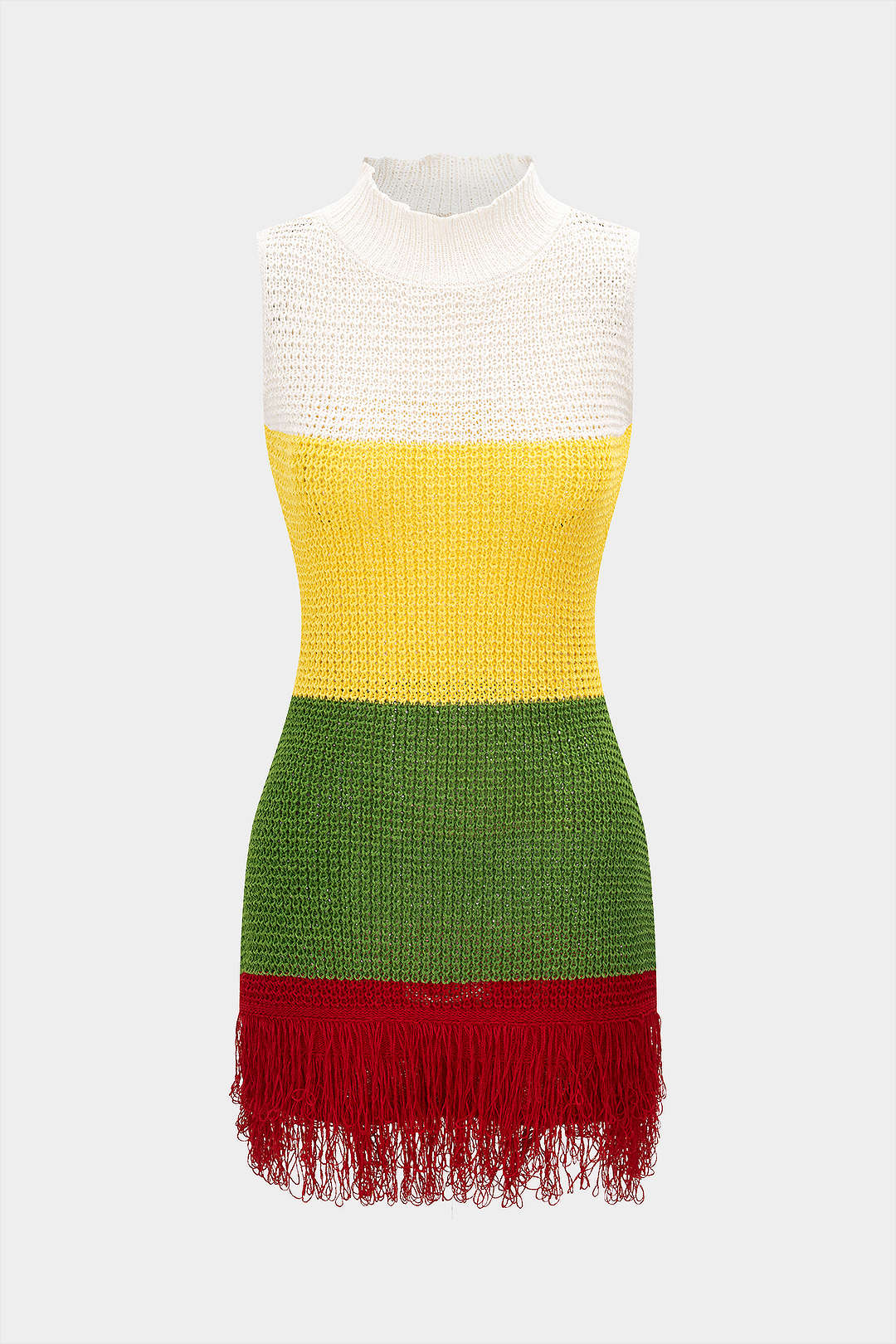 Knit Contrast Mock Neck Fringe Hollow Out Sleeveless Dress