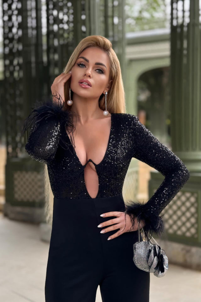 Sequin Feather-Trim Cuff Jumpsuit