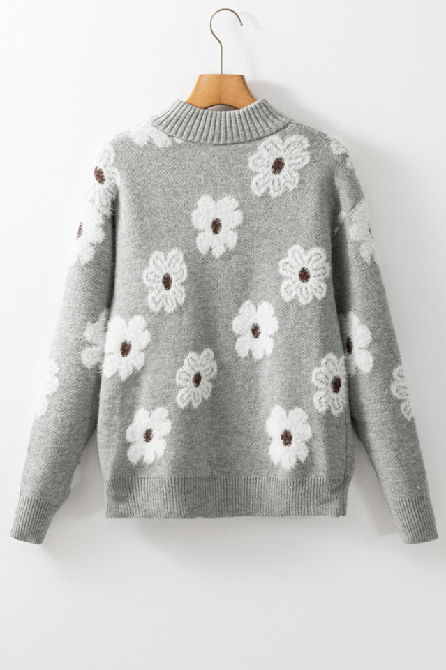 Floral Pattern Half Zip Sweater