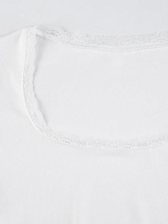 White Y2K Lace Splice U Neck Cropped Long Sleeve Top