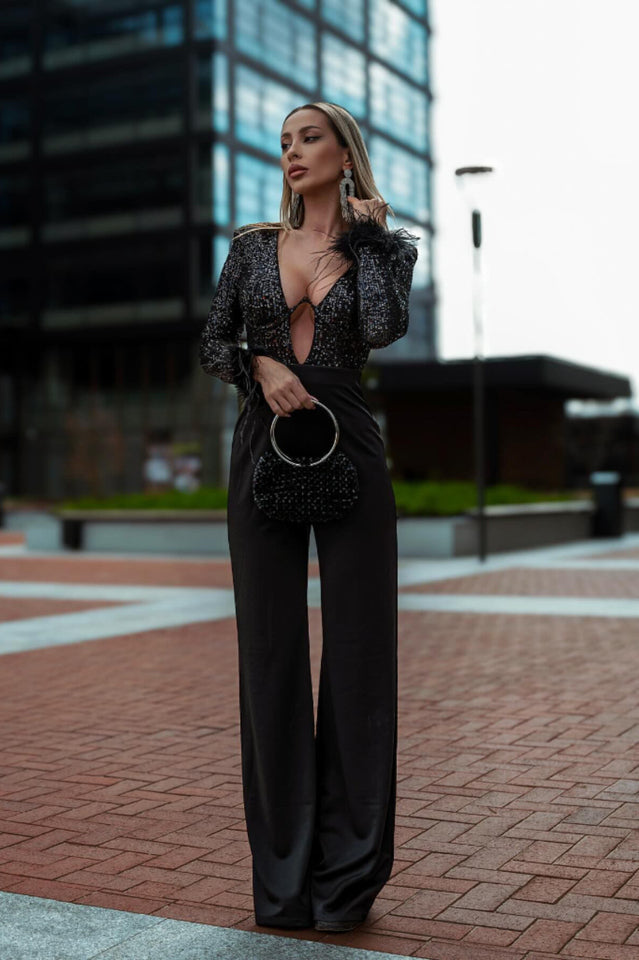 Sequin Feather-Trim Cuff Jumpsuit