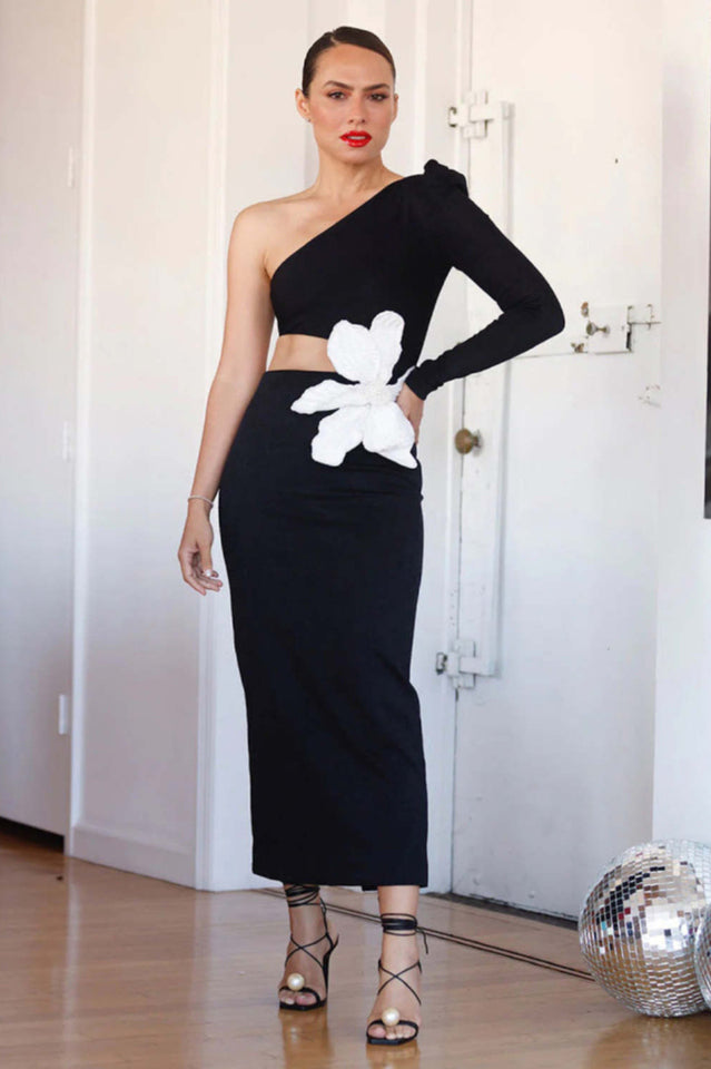 Angelica One-Shoulder Flower Appliqué Dress