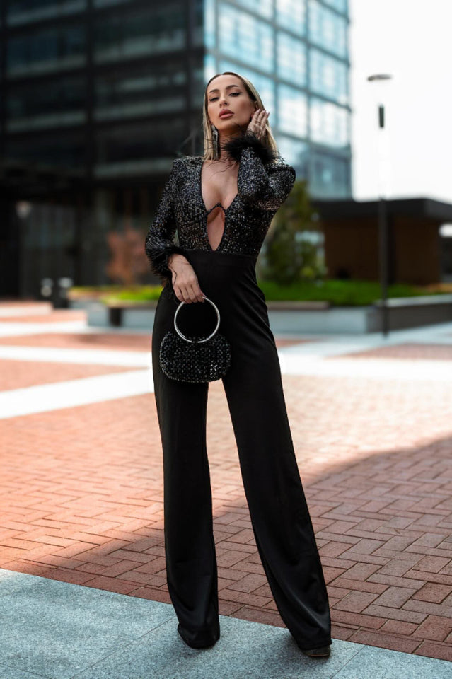 Sequin Feather-Trim Cuff Jumpsuit