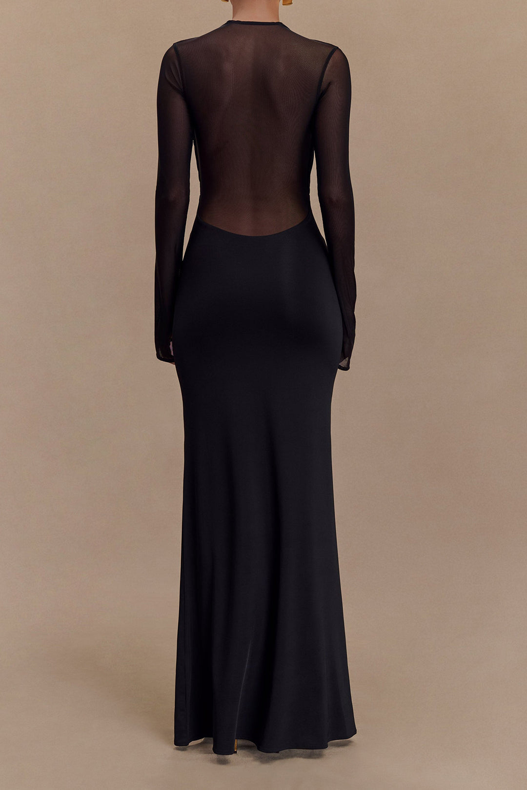 Crossed Mesh Sheer V-Neck Long Sleeve Maxi Dress