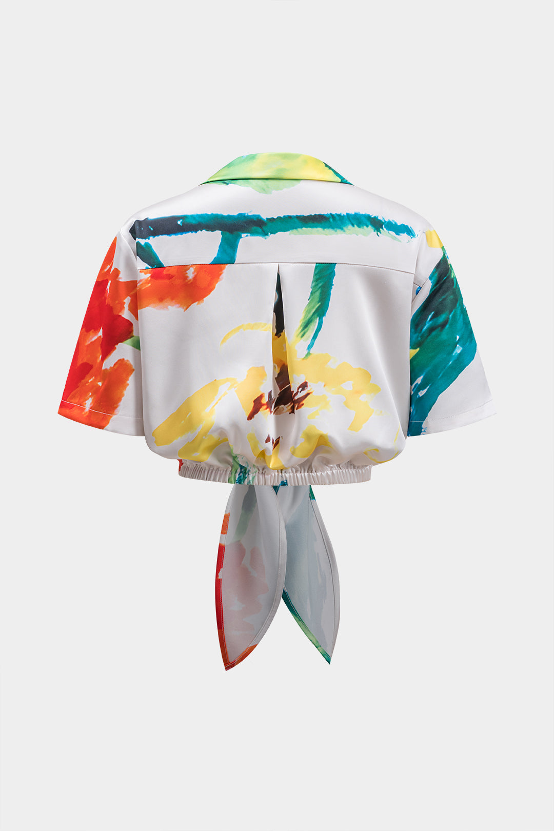 Satin Ruched Tie Front Short-Sleeve Shirt