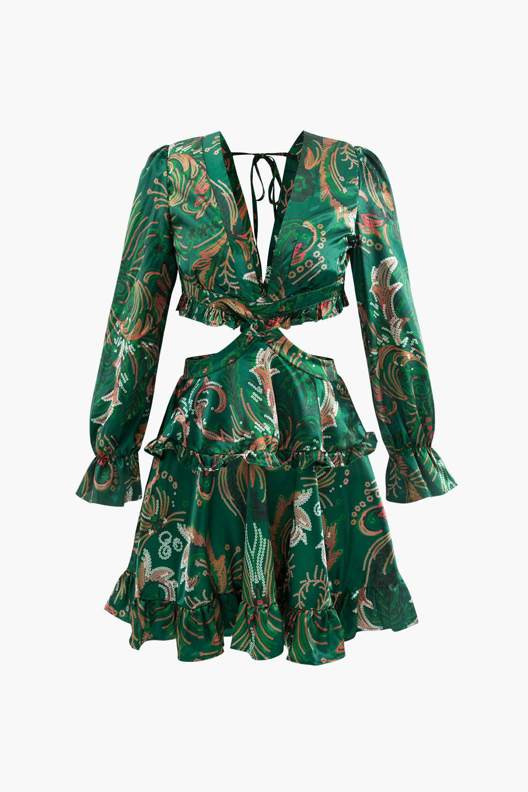 Printed V-neck Cut Out Ruffle Mini Dress