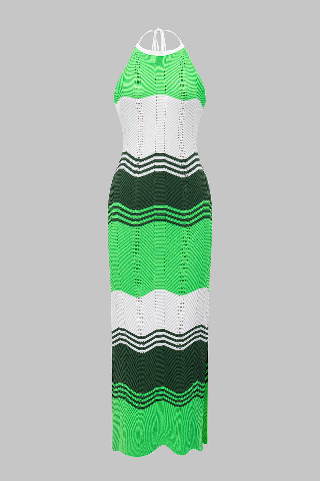 Knit Contrast Backless Sleeveless Halter Neck Slit Dress