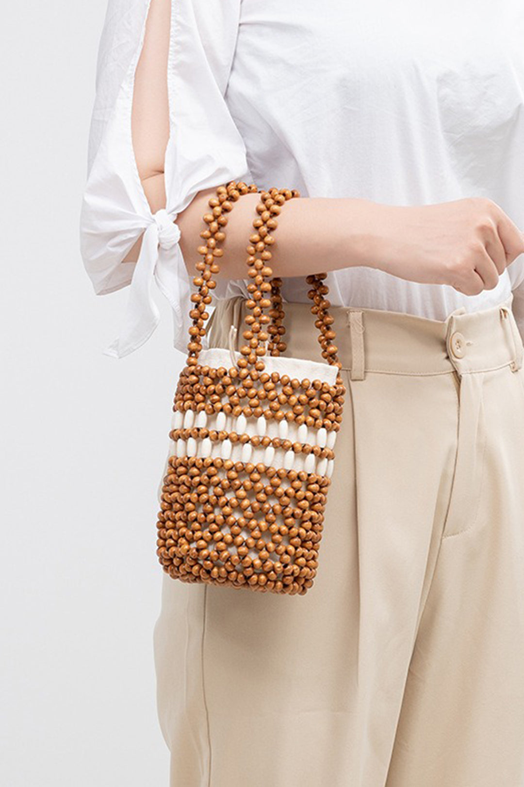 Wood Beads Handmade Woven Tote Bag