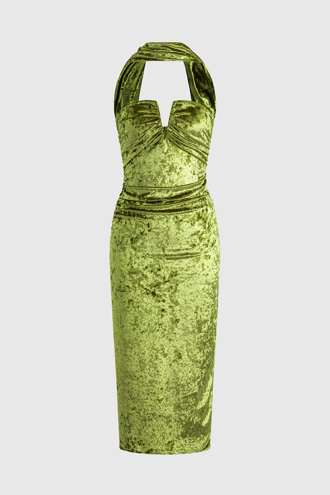 Velvet Ruched Halter Neck Backless Sleeveless Midi Dress