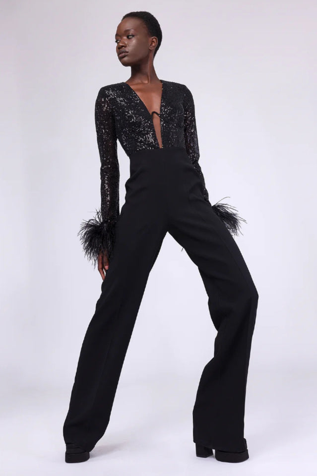 Sequin Feather-Trim Cuff Jumpsuit