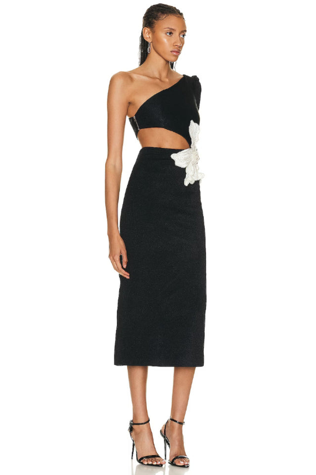 Angelica One-Shoulder Flower Appliqué Dress