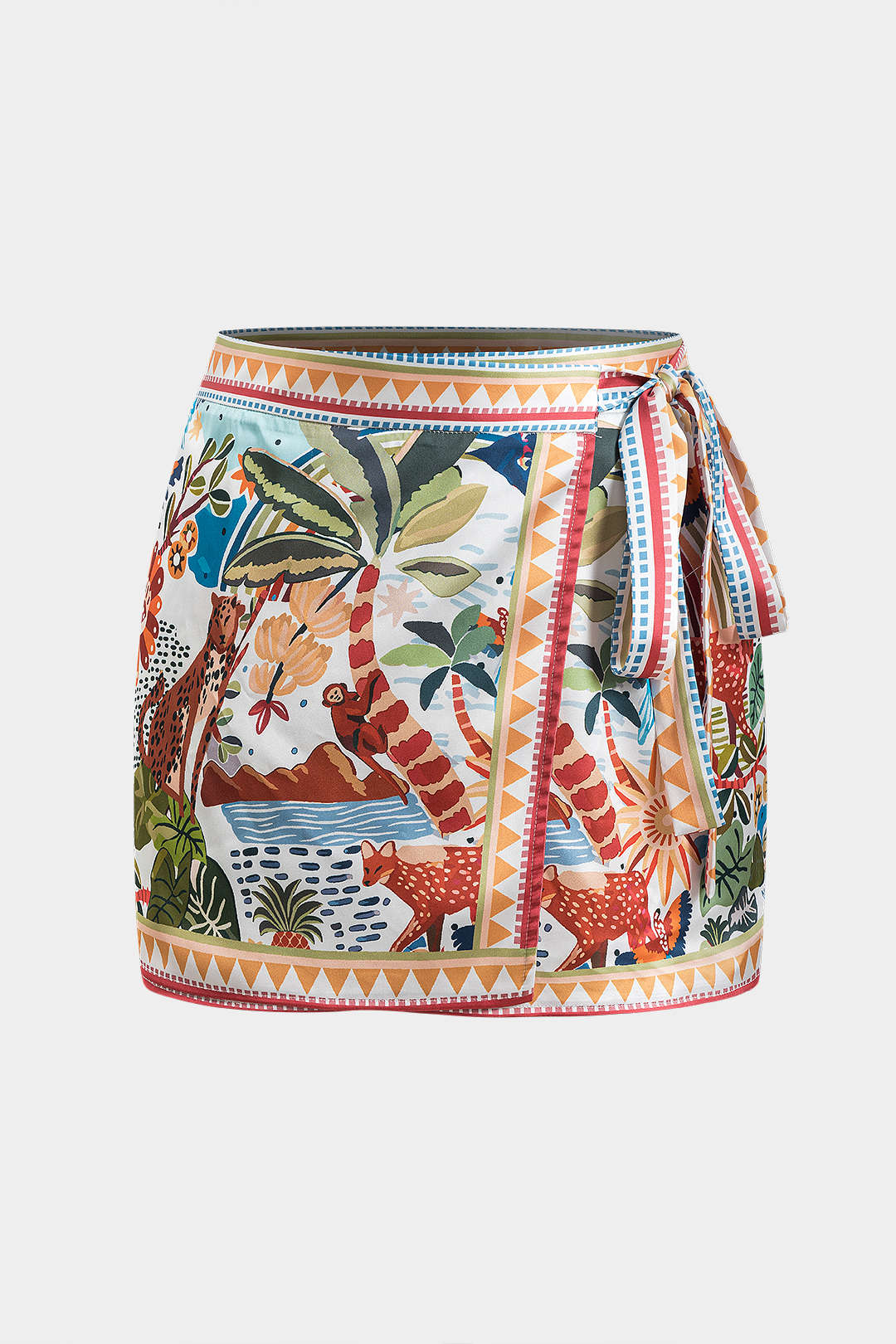Plus Size Tropical Print Satin Tie Front Skirt