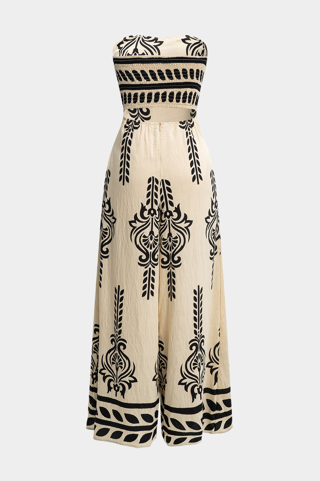 Contrast Pattern Tie Front Shirred Strapless Sleeveless Jumpsuit
