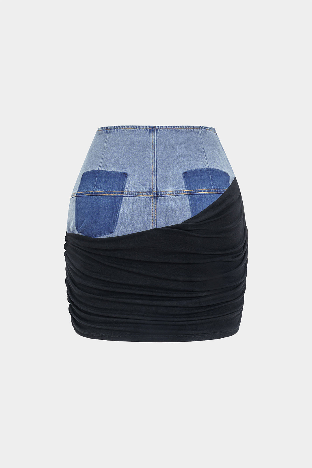 Denim Patchwork Ruched Skirt