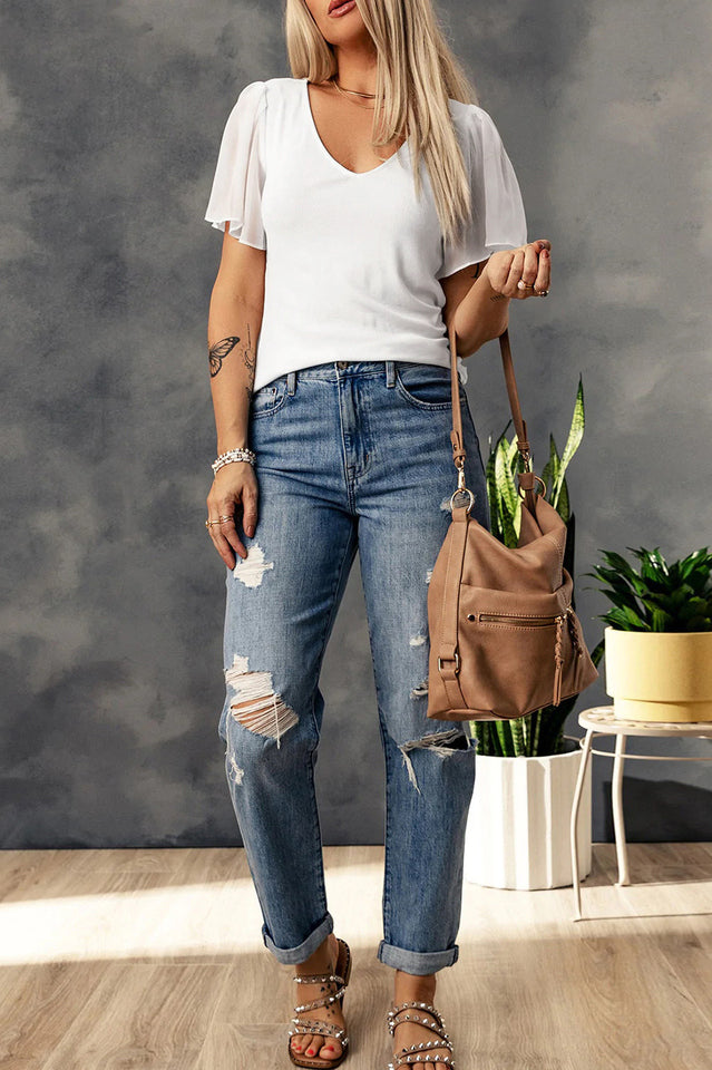 V-Neck Flutter Sleeve Top