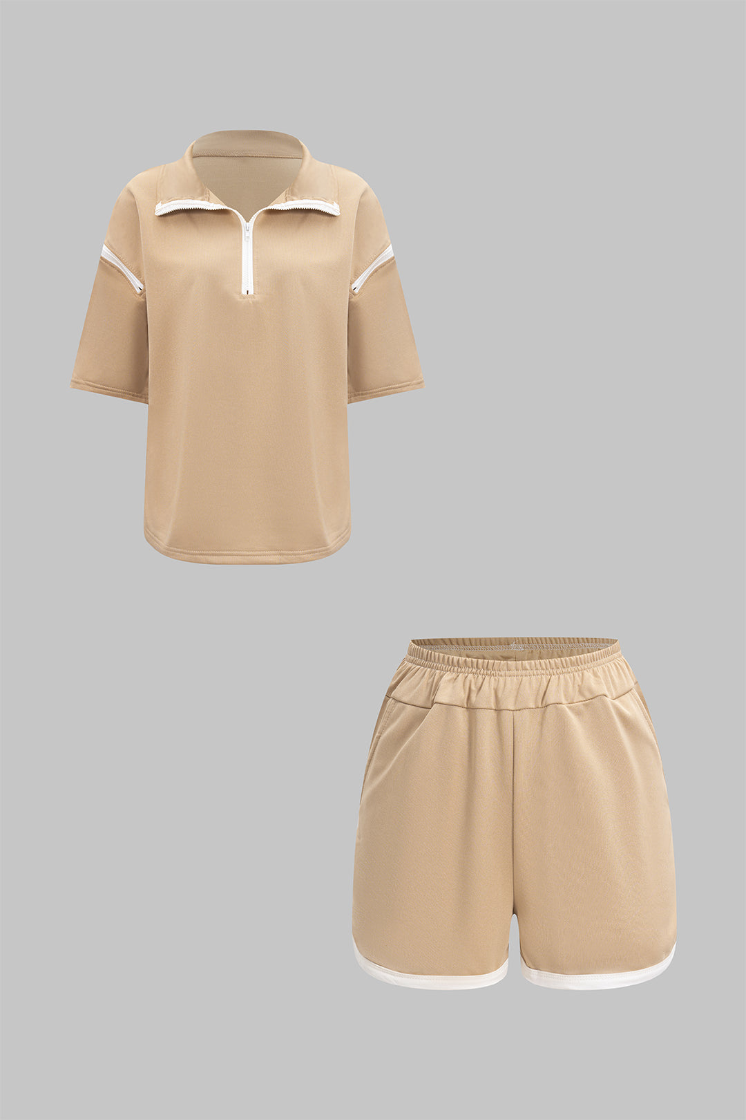 Contrast Zipper Short-Sleeve Shirt And Ruched Shorts Set