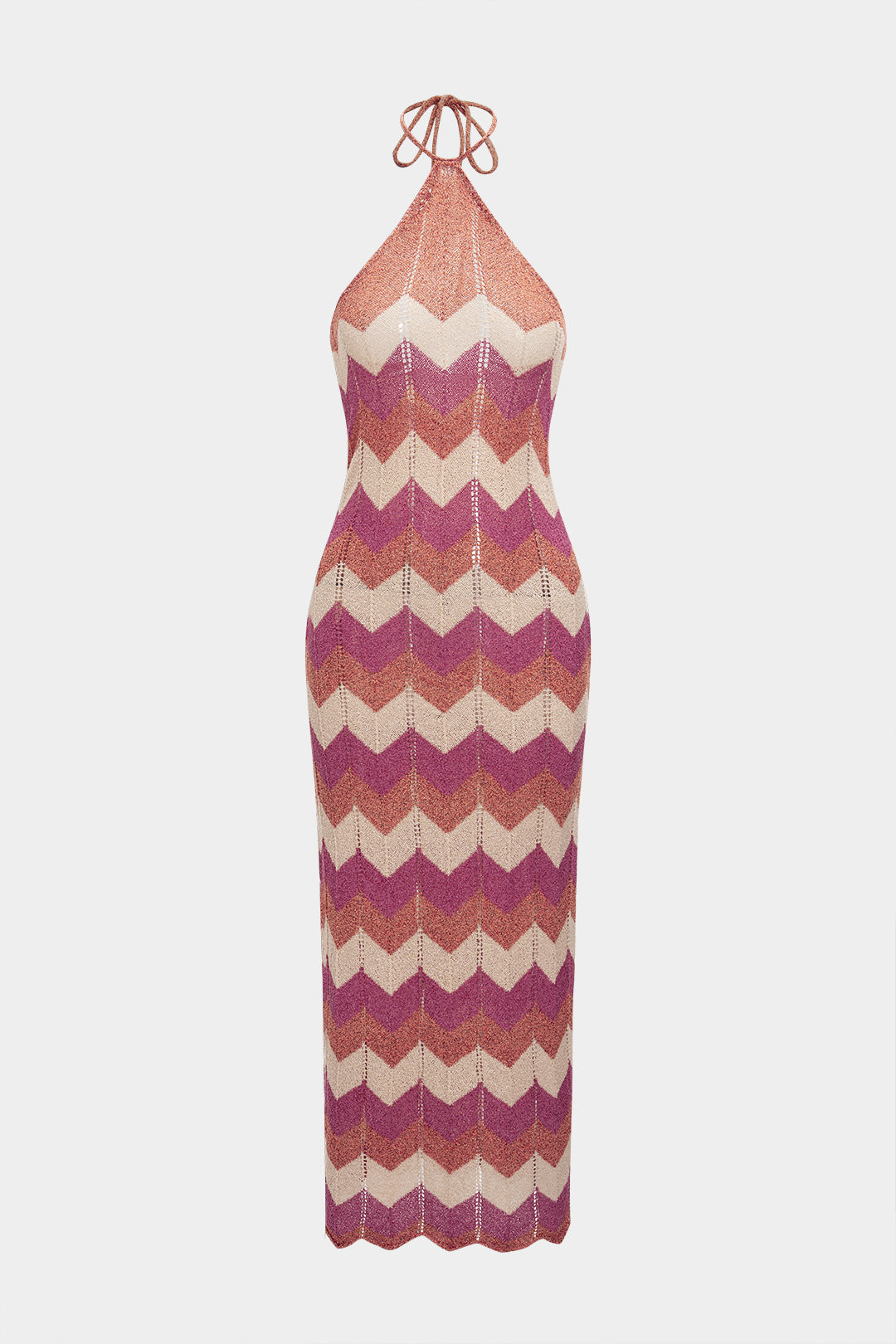 Knit Stripe Print Hollow Out Halter Neck Tie-Up Sleeveless Dress