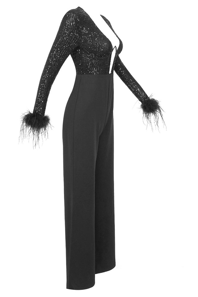 Sequin Feather-Trim Cuff Jumpsuit