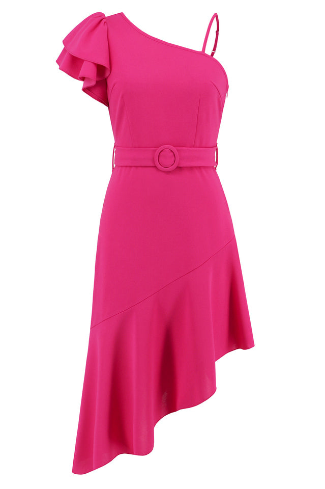Asymmetrical Neck Flutter Sleeve Dress