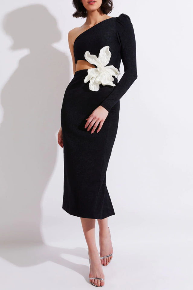 Angelica One-Shoulder Flower Appliqué Dress