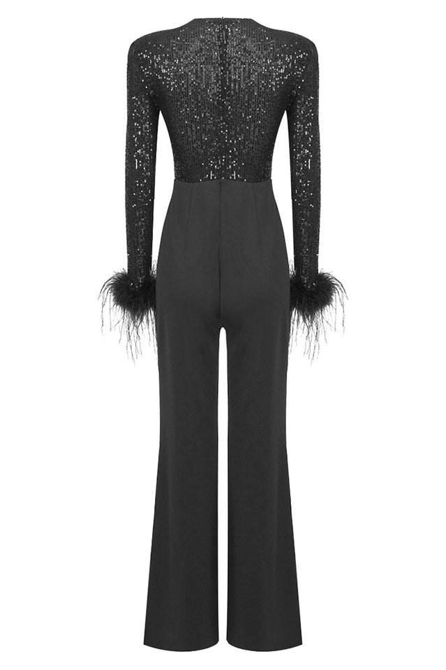 Sequin Feather-Trim Cuff Jumpsuit