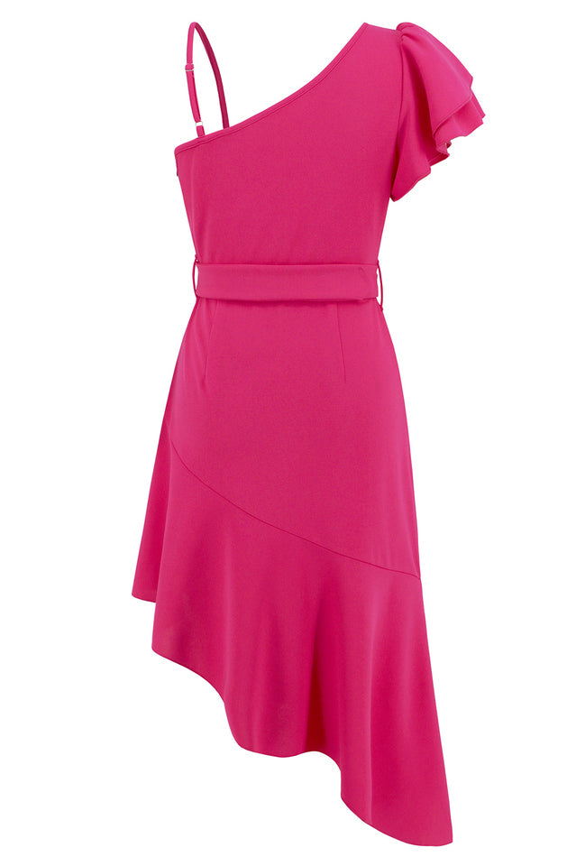 Asymmetrical Neck Flutter Sleeve Dress