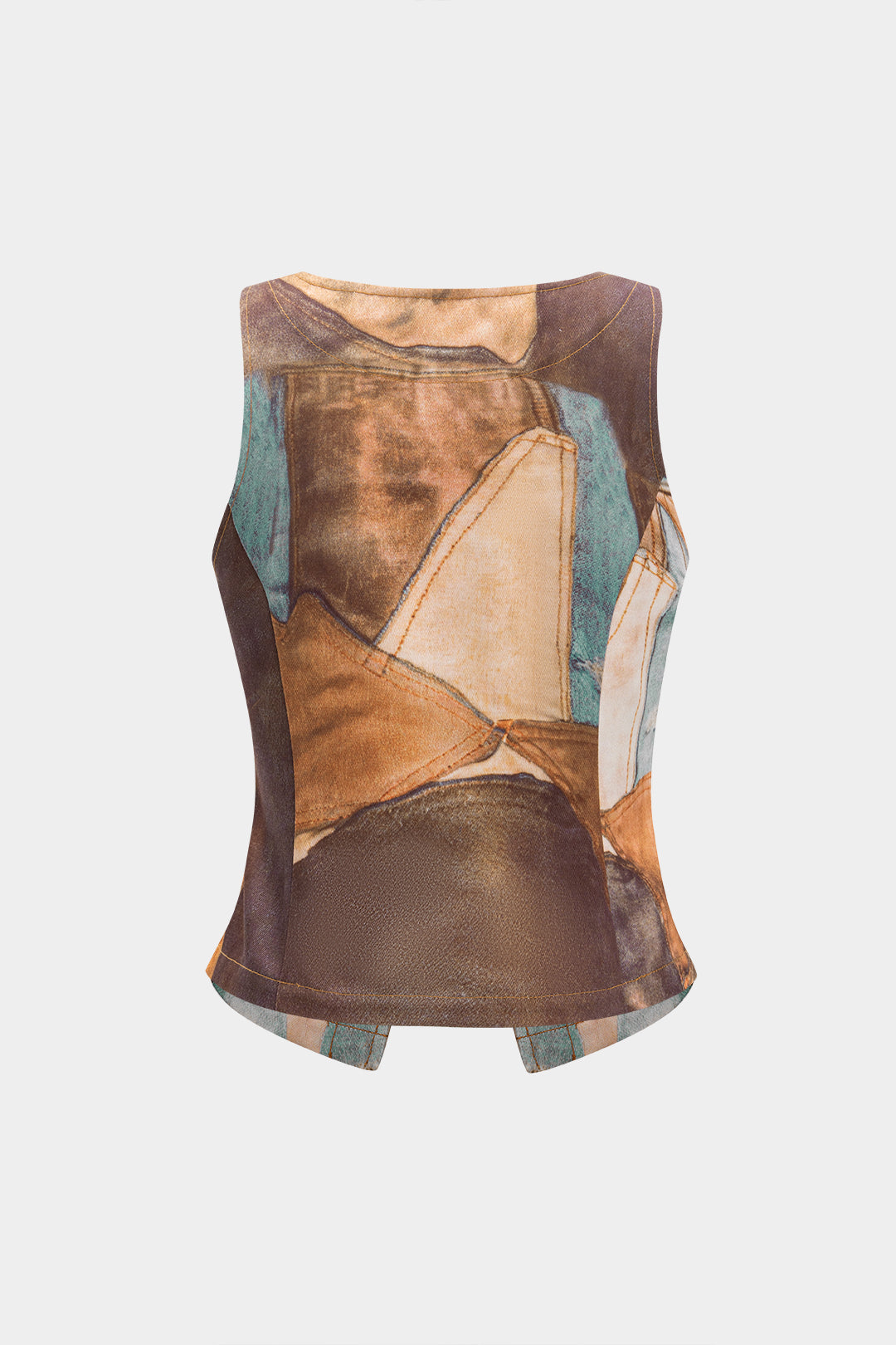 Denim Abstract Print V-Neck Button Tank Top And Wide Leg Trousers Set