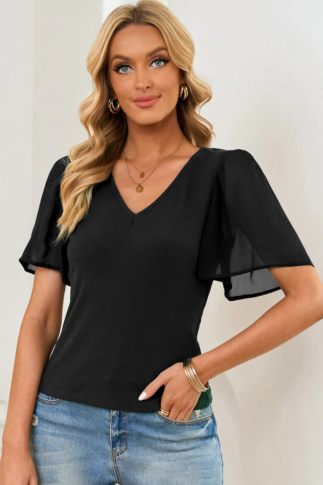 V-Neck Flutter Sleeve Top