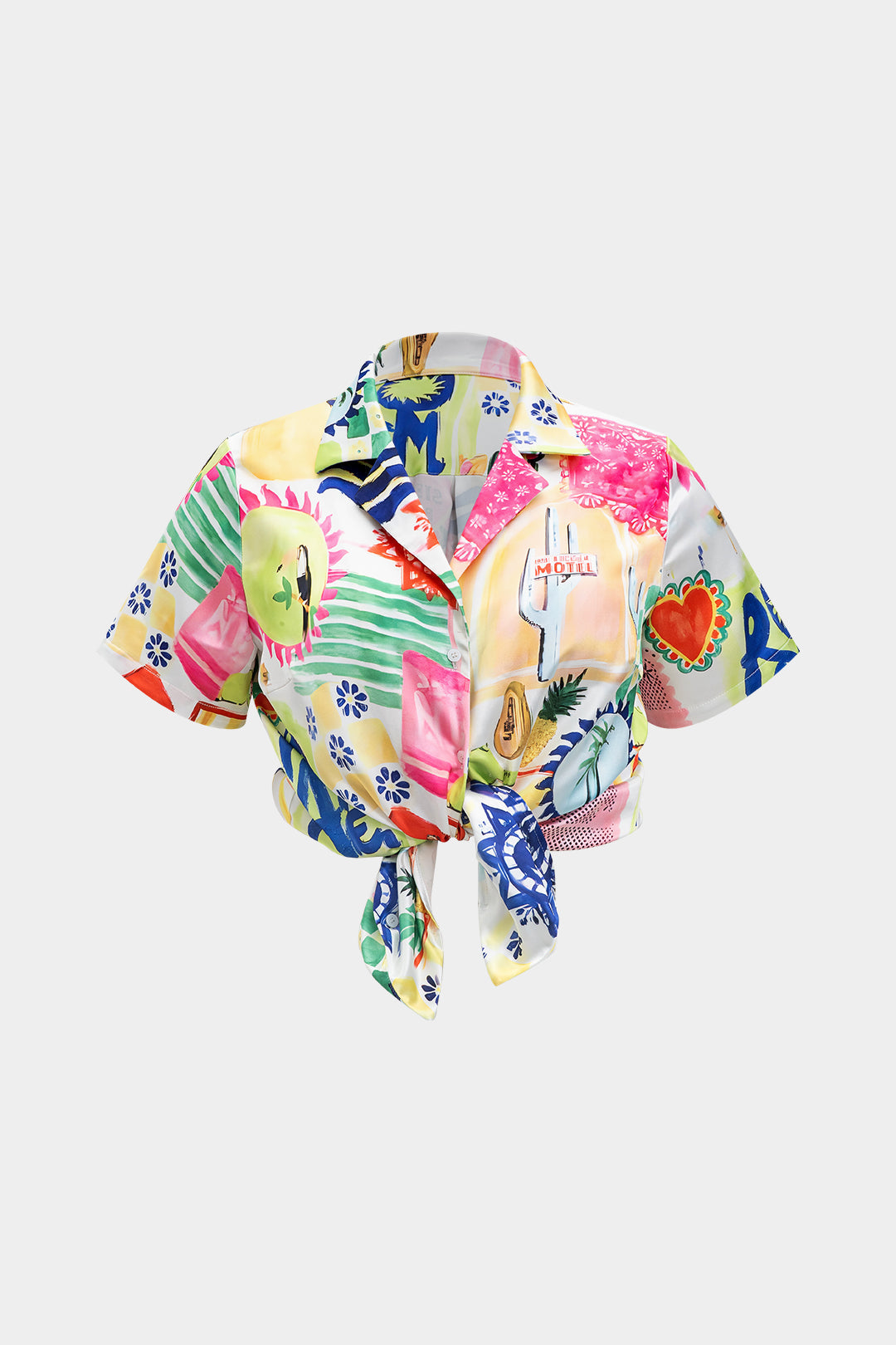 Plus Size Satin Pop Art Pattern V-Neck Short-Sleeve Shirt