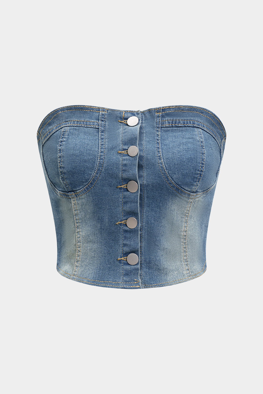 Washed Denim Zipper Tube Top And Pocket Skirt Set