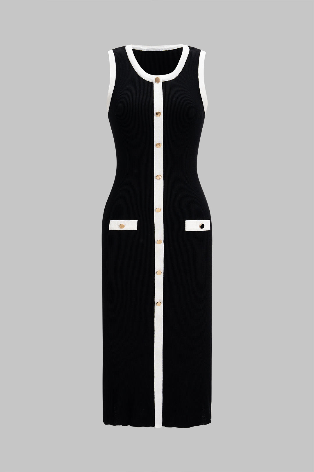 Knit Contrast Button Tank Sleeveless Dress