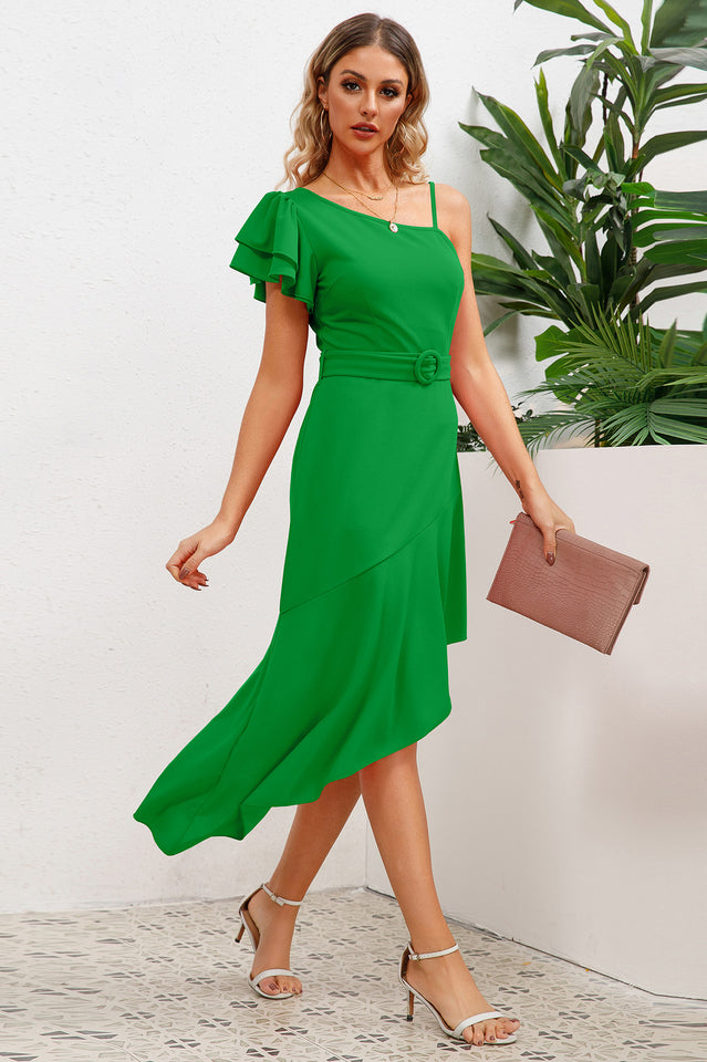 Asymmetrical Neck Flutter Sleeve Dress