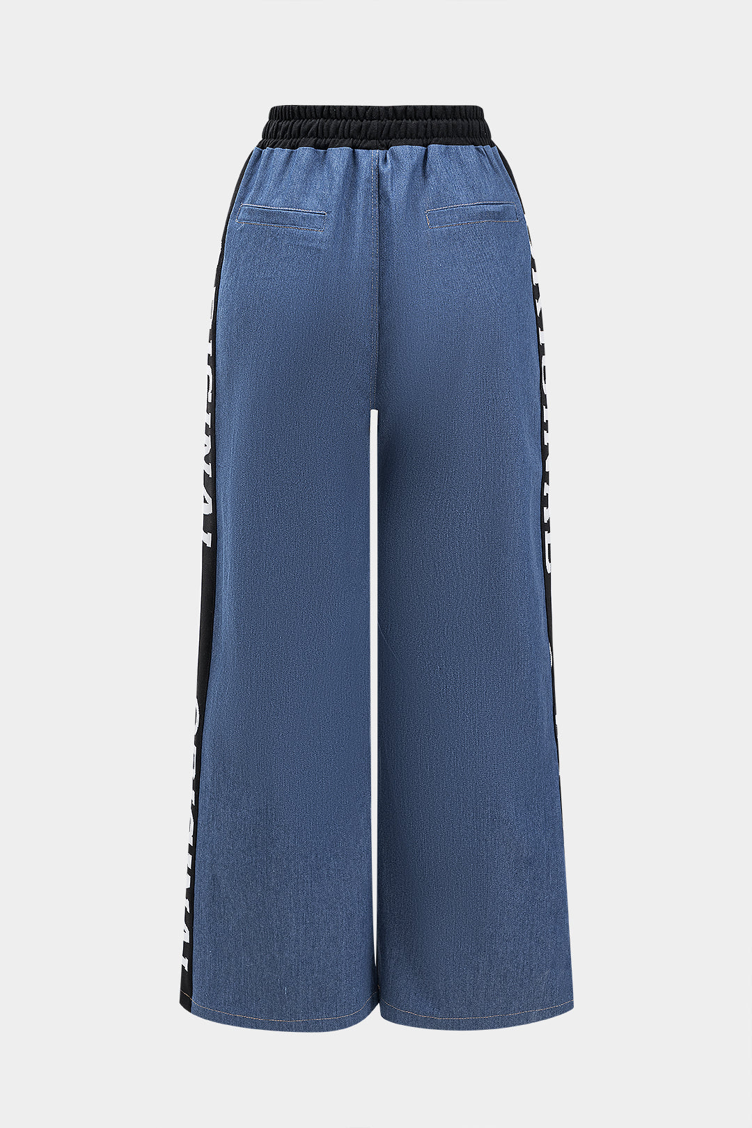 Letter Print Denim Pleated Tie Front Patchwork Wide Leg Trousers